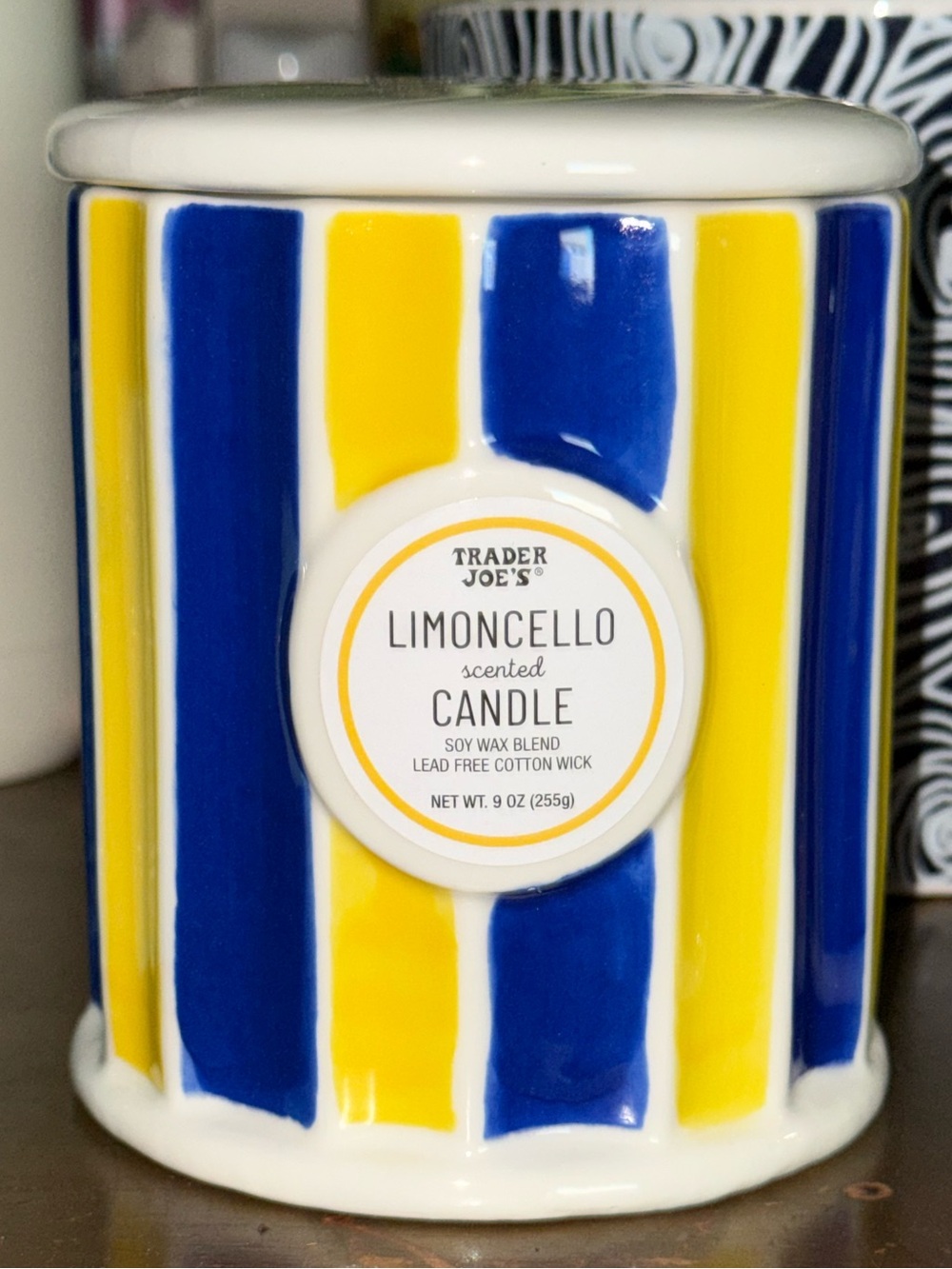 Trader Joe’s Limoncello Scented Candle in Blue & Yellow Striped Ceramic Crock